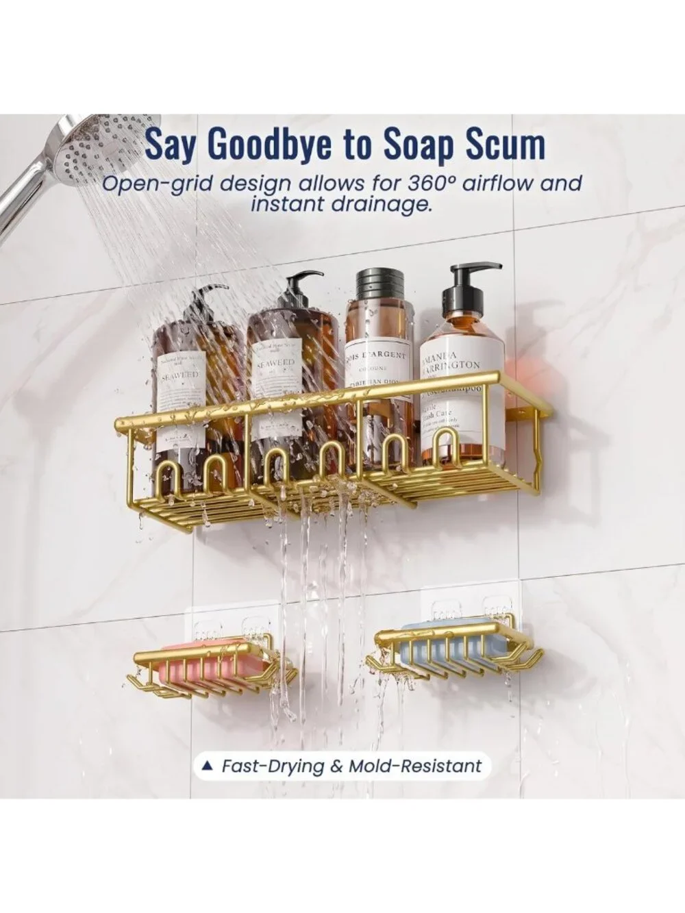 8 Pack No-Drill Shower Caddy Set - Gold Rustproof Shelves, Soap Dishes & Hooks